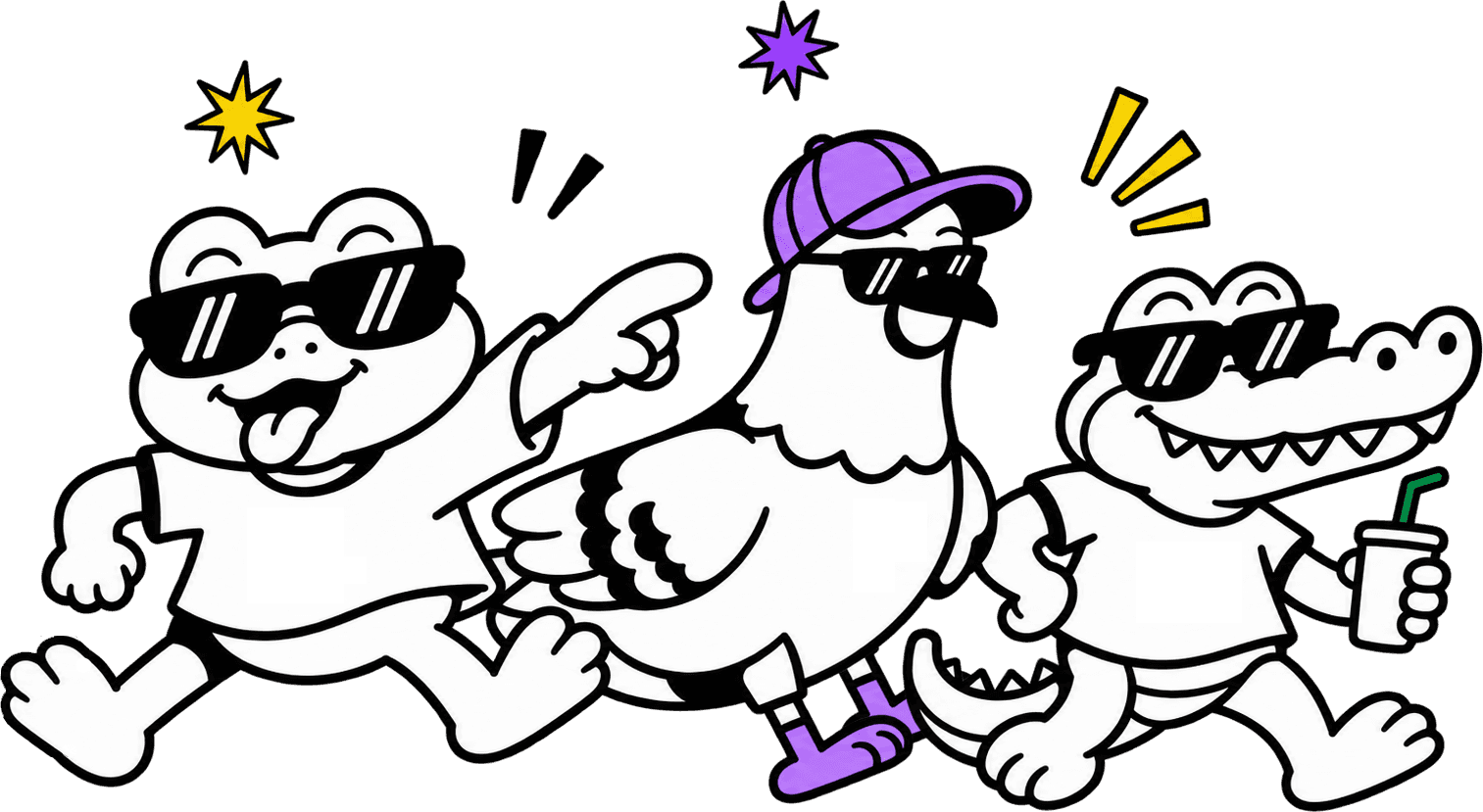 The AdsPals mascots: a frog, a pigeon and a crocodile, walking together